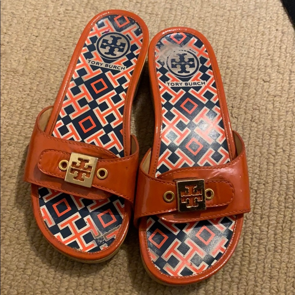Tory Burch wood and patent leather clogs in orange
